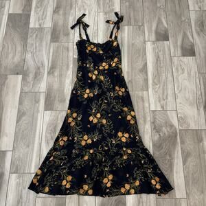 Reformation Navy Floral Tie Straps Fit Flare Nikita Midi Dress Sz 8 Viscose